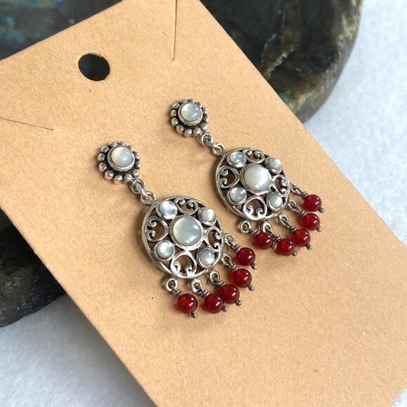 Sterling Silver 925 White Mother Of Pearl Red Beaded Chandelier Dangle Earrings - Picture 2 of 16